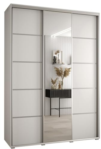 MEBLE KRYSPOL Cannes 5 Moderner Schrank mit 3 Schiebetüren mit Kleiderstange, Regalen und Spiegel - Aufbewahrungsschrank für Schlafzimmer, Wohnzimmer - 205,2x180x45 cm - Weiß Weiß Silber