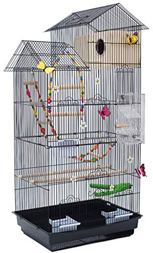 SYSZSYHD Große Vogelkäfige aus schwarzem Eisendraht mit komplettem Zubehör, hausförmiger Papageienkäfig mit Spielzeugleiter, Heimdekoration (Schwarz E)