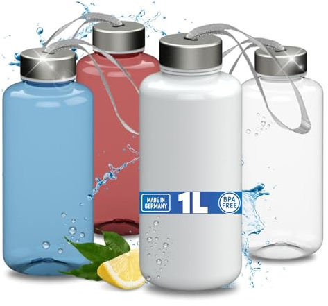 Trinkflasche 1 L 'Pure' - BPA-freie Wasserflasche aus Tritan mit auslaufsicherem Edelstahl Deckel - Flasche für Kinder & Erwachsene - ideal für Schule, Sport & Arbeit, Farbe:Transparent-Blau