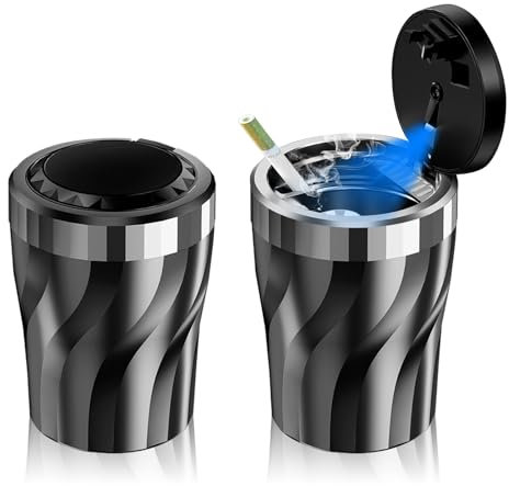 Geoyien Car Ashtray, 2Pcs Ashtray with Lid, Smell Proof, LED Light, Flame Retardant, High Temp Resistant, Detachable, Modern Style, White & Black