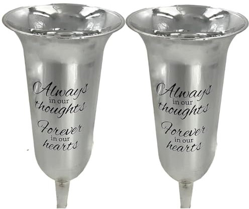 Set of 2 Silver Mirrored Mirror Forever in Our Hearts Fluted Spiked Memorial Grave Flower Vases