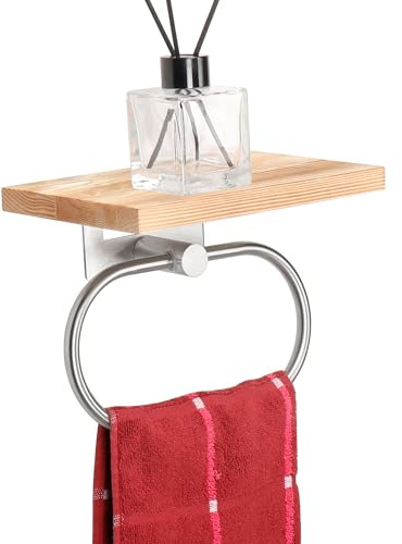 TocTen Hand Towel Holder for Bathroom Wall Mount Towel Ring with Wooden Shelf, Premium Metal Hand Towel Rack, Bathroom Accessories Rustic Hand Towel Hanger for Bathroom Kitchen RV(Brushed Nickel)