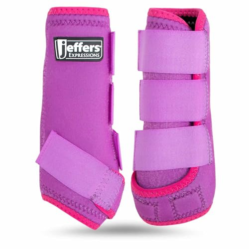 Jeffers Expression Neon Horse Boots - Purple & Pink, Breathable Neoprene, Secure Velcro Straps, Durable Premium Protection for Jump Training & Trail Riding - Front & Hind, Medium Size