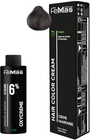 Femmas Set de tinte para el cabello rubio medio ceniza 7.11 │ Crema colorante 100 ml + Crema de óxido 100 ml 6% │ Coloración permanente del cabello + desarrollador │ Suave y duradero │ Tinte de pelo