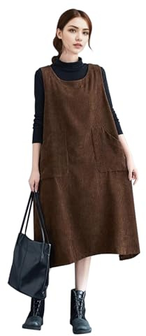 LAEMILIA Cord Dresses for Women UK Ladies Corduroy Pinafore Dress Oversized Sleeveless Dresses with Pockets Cute Fall Winter Spring Plus Size Clothing M-XXL/UK 8-18