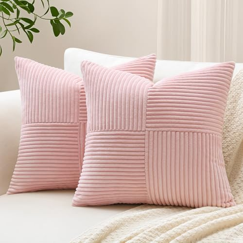 Sungeek 2er Set Cord Kissenbezüge, Kreuz Streifen Muster Kordsamt Kissenbezug Sofakissen Dekokissen Patchwork Design Deko Zierkissenbezüge Kissenhülle für Wohnzimmer (40x40cm, Rosa)