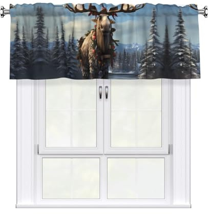WHJSHOP Divertidas cortinas cortas con estampado de alce navideño con cenefa de 137 x 45 cm, filtran la luz, fácil instalación para cocina, baño, lavandería, estudio