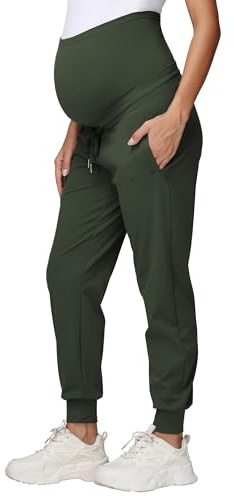 Gowjog Pantalones de Chándal de Maternidad con Cordón y Cintura Alta Elásticos con Bolsillos para Correr Lounge y Entrenamiento Verde Militar M
