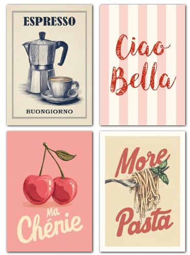 LAVEMA Lot de posters A4 (21 x 30 cm) - Décoration murale vintage pour cuisine et salle à manger - Style italien - Élégante décoration de cuisine - Tableau mural esthétique