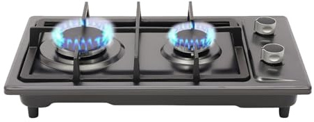 Piano cottura a gas a 2 fuochi, fornello a gas propano, nero, 51 × 31 cm, piano cottura da incasso, campeggio, cooktop, con ugelli per campeggio, balcone e cucina all'aperto, accensione piezoelettrica