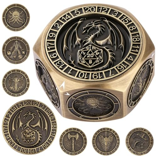 Set di Dadi Rotanti DND, 8 Facce Spinner Dadi in Metallo, Design a Rilievo 3D, Dadi Poliedrici Girevoli, Regalo D&D con Scatola Logo Drago, RPG, Giochi da Tavolo, Accessori per Giochi di Ruolo, Bronzo