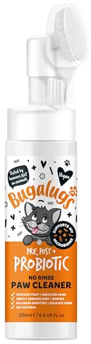 BUGALUGS Cat Probiotic Paw Cleaner No Rinse Foam Cat shampoo with Silicone Brush Head, waterless grooming products. Travel friendly paw cleaner for cats defeat muddy paws on the go