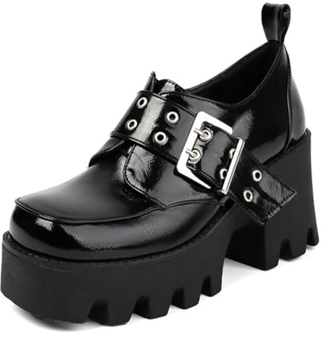 Eestfy Mocassini Donna con Plateau in Pelle Verniciata Punta Quadrata Tacco Largo con Fibbia Stile Gothic Punk per Ufficio Quotidiano O Feste,Nero,36 EU