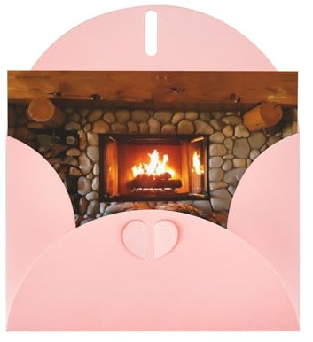 Set di biglietti di auguri con stampa di camini natalizi e Capodanno con interno bianco, eleganti biglietti di carta rosa perlato e buste abbinate