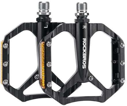 ROCKBROS Fahrradpedale aus Aluminium mit Reflektoren | Große Plattformpedale mit abgedichtetem Lager und 14 Anti-Rutsch-Pins für MTB, E-Bike, Gravel, Citybike, BMX und Rennrad