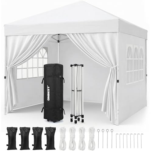ONBEST Faltpavillon 3x3 m Pop Up weiß mit Seitenwänden | Metall-Partyzelt mit Sandsäcken, patentierte Expressaufbau-Funktion, wasserabweisend, für Garten und Terrasse