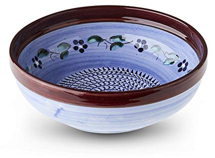 Large Salad Bowl with Garlic Grater. Handmade and Handpainted in Cordoba, Spain. (Blue Bowl with Brown Rim and Flowers. 5)