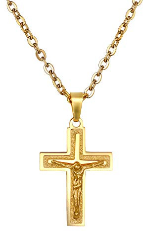 Flongo mäns cyklister religiöst klassiskt halsband, rostfritt stål kors Jesus krucifix hänge halsband kedja färg guld silver present till jul alla hjärtans årsdag