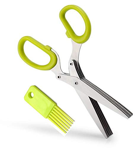 Ototon - Forbici per erbe, 5 lame in acciaio inox, forbici da cucina con pettine per la pulizia delle erbe aromatiche