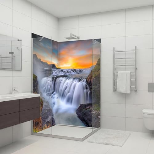 dedeco Eck-Duschrückwand wasserfest mit Wasserfall V2 Motiv - 2 x 90x200 cm, als Badrückwand zum Fliesenersatz, als Dekorwand, Wandverkleidung und Duschplatte aus Aluminium - Made in Germany