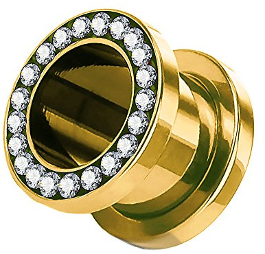 Taffstyle Flesh Tunnel Ohr Piercing Ear Plug Ohrpiercing Schraub Edelstahl Titan mit Schraubverschluss Zirkonia Kristallen Strass Steinen 6mm Gold