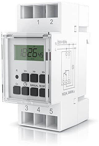 Bearware - Minuterie numérique, Commutateur de relais temporisé 240V 16A 3650W, Montage sur rails DIN 35mm de tableaux de distribution, 2 bornes d'entrée, 3 de sortie, 20 programmes, 16 configurations
