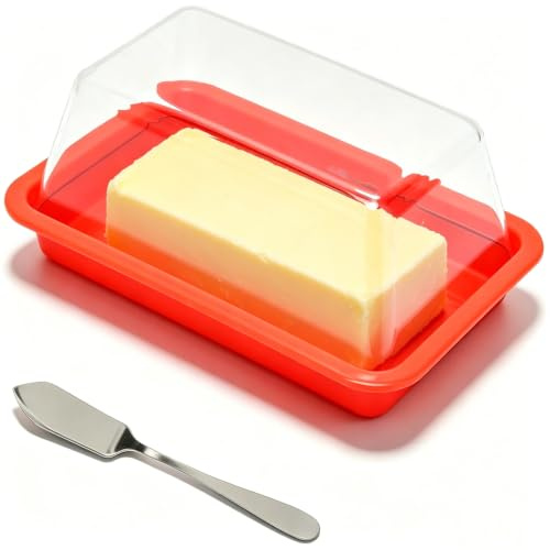 Beurrier avec couvercle, porte-beurre couvert en plastique hermétique pour beurre, boîte de rangement avec couteau pour beurre de la côte est-ouest(Rouge)