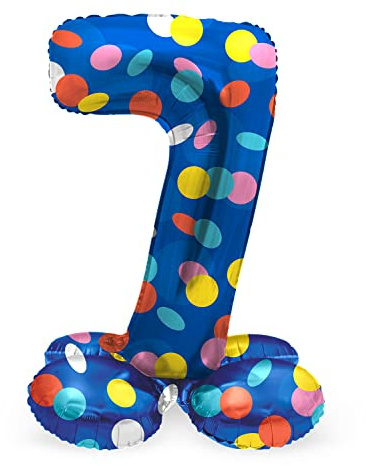 Folat 63977 Luftballon Geburtstag Stehender Ziffer Zahl 7 Colorful Dots Blau mit farbigen Punkten 72 cm - Decoration Geburtstagdeko, Ballon Zahl, Kein Helium erforderlich