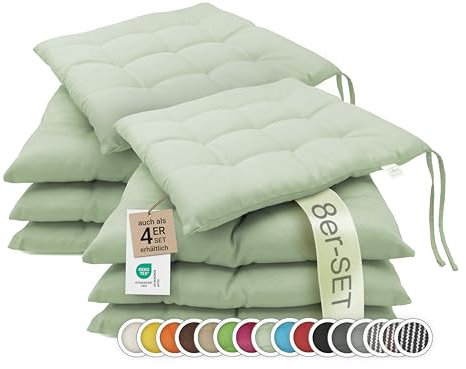 ZOLLNER 8er Set Sitzkissen in 40x40cm - gemütliche Stuhlkissen mit Bindebänder - waschbar bis 30°C - in lindgrün - Oeko Tex® Zertifiziert