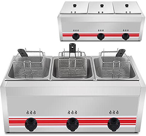 CHEMYO Friteuse à Gaz Grande Capacité avec Paniers Et Couvercle Amovibles, 20L/30L, Contrôle De La Température sur Pied, Puissance De Feu Réglable, Acier Inoxydable