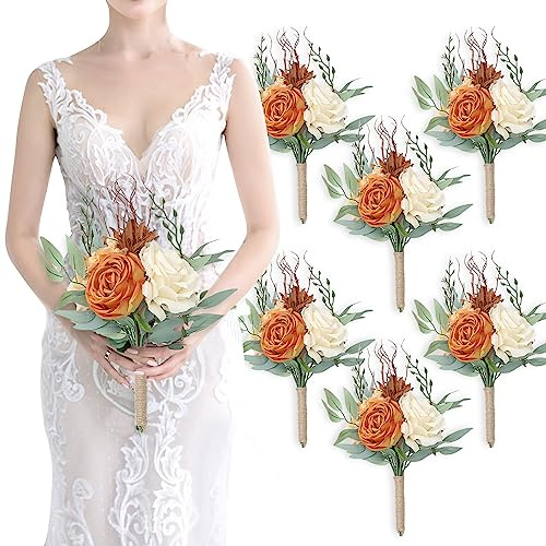 SEMONONIA Brautjungfernsträuße für Hochzeit – Set mit 6 künstlichen Blumen, Blumenstrauß für Herbst, Hochzeitsdekoration, Heiratsantrag, Party, Zeremonie, Jahrestag, Esstisch, Tafelaufsätze – Burnt