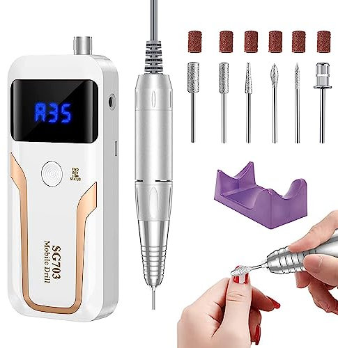 Taladro de uñas portátil de 35000 RPM, lima de uñas eléctrica recargable, máquina profesional, lima E para uñas acrílicas, lima inalámbrica con kit de puntas para salón de manicura y hogar…