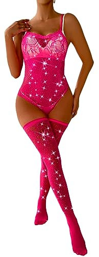 VicSec Sexy Mesh Lingerie Set for Women Sparkle Rhinestone Teddy Bodysuit with Stockings Fishnet Nightwear UK Size 6 8 10 12 14 16 18, Rose Red