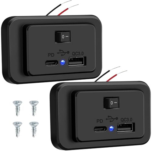 Hoembpn 2pcs Dual USB C Car Charger Socket PD2.0+QC3.0 with On/Off Power Switch, DC12V-26V Adaptor USB Fast Charge Socket Panel with LED for Boat SUV Caravan RV Truck Marine