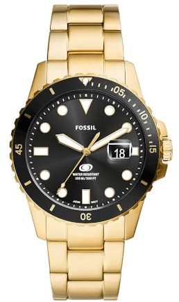 FOSSIL Blue Watch for Men, Quartz Movement with Stainless Steel or Leather Strap,Black and Gold Tone,42 mm