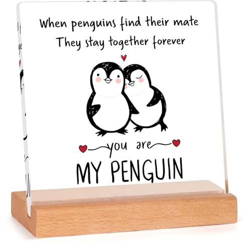 Anniversary Birthday Gifts for Him Her, Penguin Acrylic Plaque Gifts | Wedding Valentines Gifts for Boyfriend Girlfriend Husband Wife, Romantic I Love You Gifts