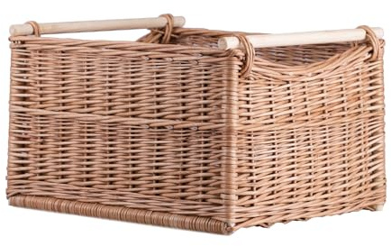 e-wicker24 Cesto di vimini, cestino, scatola, scatola di stoccaggio, cestino per tronchi in vimini (cestino rettangolare con manici in legno)