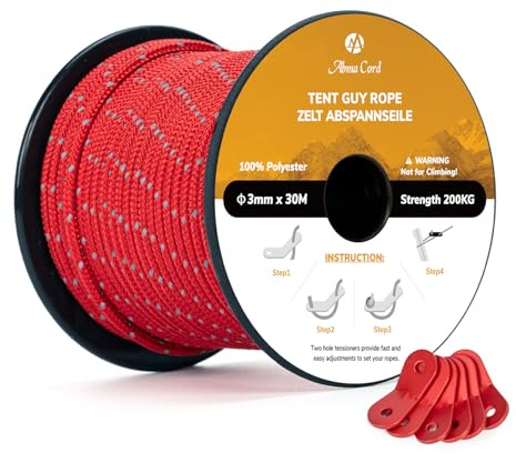 Abma Cord Campingrep Tältspännlinor 3mm 30M med 6 St Campingsladdspännare Tält Guide Rep för Camping, Tent, Markis, Gazebo - Reflekterande röd