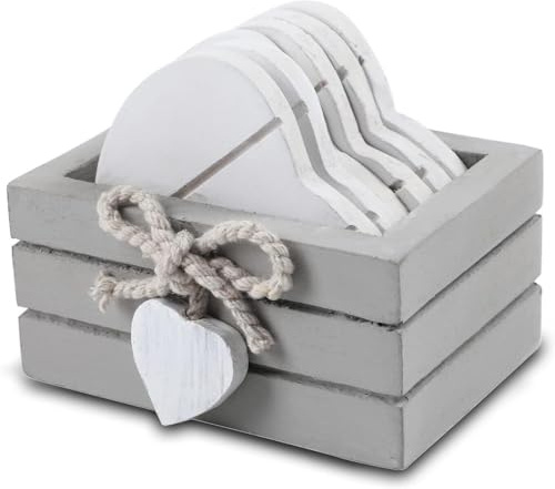 6 Pcs White Coasters Handmade Heart Shaped Wooden Drink Coasters with a Gray Storage Stand Holder for Coffee, Tea, Mugs, Cups, Wine Glasses, Bar Drinks