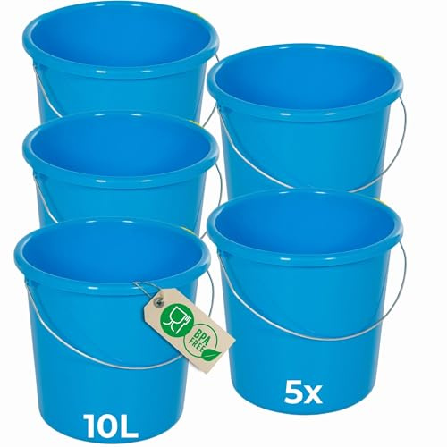 Novaliv 5 Stück Eimer 10L Blau mit Maßeinteilung - Putzeimer 10 Liter ? 28,5 cm Praktischer Allrounder mit Skala für Haushalt & Garten ideal als Haushaltseimer, Wassereimer, Wischeimer, Bucket