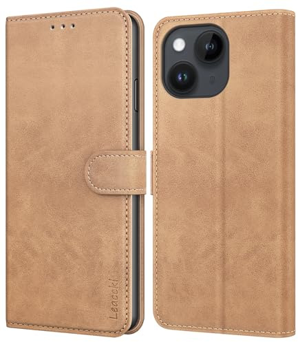 Leacckl Coque pour iPhone 13 / iPhone 14, Etui Protection Housse Premium en Cuir PU Portefeuille, [Ranges Cartes] [Fonction Support] Pochette Fermeture Magnétique pour iPhone 12/12 Pro, Kaki