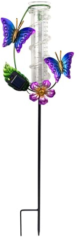 KIGKYO Pluviómetro para Exteriores, Pluviómetro, Pluviómetro con Estaca de Metal, Pluviómetro para Pájaros de Jardín, Pluviómetro de Vidrio para Patio, Camino de Césped, Camino, Patio,Butterfly