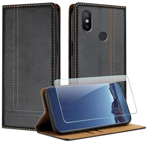 JayModCase Funda para Xiaomi mi 6X / A2 con Protector Pantalla, Flip Leather Ranura Tarjeta Magnético Wallet Carcasa con Cierre magnético Soporte Plegable para Xiaomi A2 - Negro