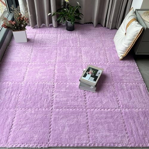 48-Teiliger Weicher Plüschteppich, Puzzle-Schaumstoff-Bodenmatte, 30,5 X 30,5 cm, Quadratische Ineinander Greifende Teppichfliesen, Spielmatte, Spielzimmer, Schlafzimmer (Lila 0,6 cm)