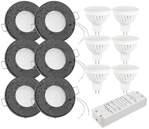 JungesLicht 6er Set Bad Einbaustrahler Aqua IP54 Schwarz Matt, 83mm Außen, für 55-68mm Bohrlöcher, mit MR16 12Volt LED Leuchtmittel 6Watt und Trafo - Einbauspot, Deckenspot (Warmweiß 3000K)