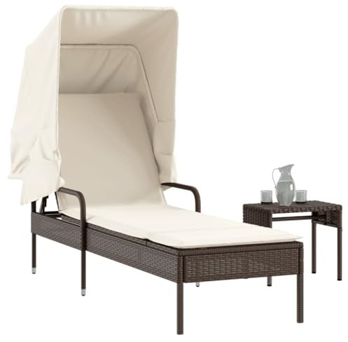 Rantry Sonnenliege mit Baldachin und braunem Tisch aus Polyrattan, Möbel, Sonnenliegen, Schlafsofa, Pool-Liege, Sonnenliege für den Garten