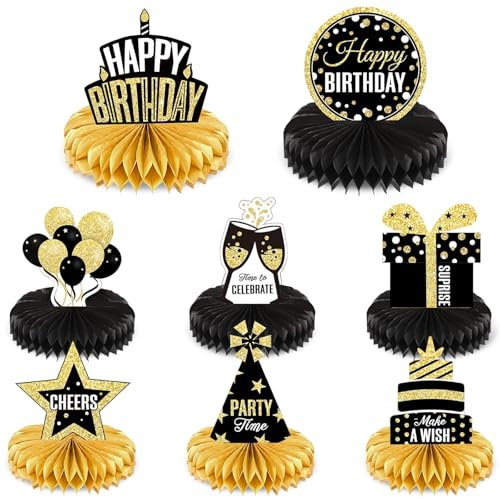 Geburtstag Dekoration,Geburtstag Bienenwaben Deko Papier Schwarz Gold Happy Birthday Tisch Ornamente Papier Tischdekoration Party Deko für Männer Frauen Geburtstag Party Tischaufsätze