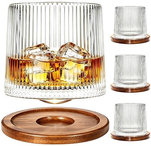 Rotatable Old Fashioned Crystal Whiskey Glass Set of 4, 275ml/10oz, With Wood Coaster - Thickened for Rum, Cocktails, Coffee, Milk - Relax and Reduce Stress