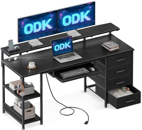 ODK 140x52 cm Black Computer Desk with 4 Drawers, Office Desk with 2 Sockets & USB Ports, PC Table with Storage for Home Office, Study Table for Bedroom with Keyboard Tray