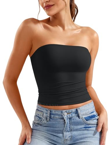 ZAAYO Top da donna senza spalline, a tubino, con scollo a bandeau, Y2K, Slim Fit, Crop Top, sexy, per l'estate, doppio strato, canottiera, Nero , M